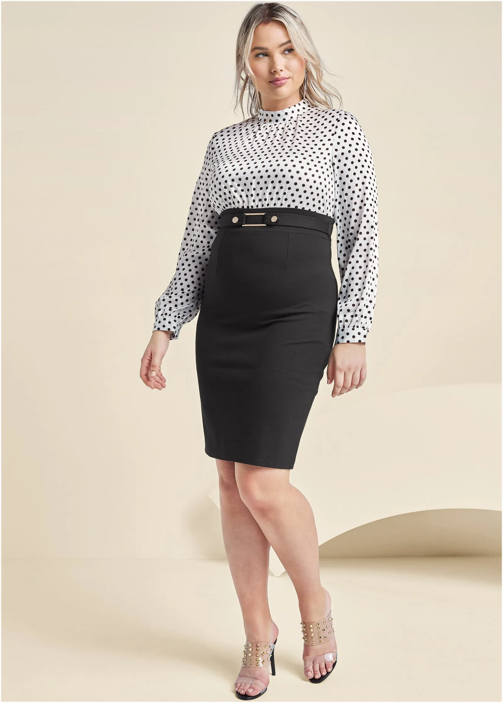 Belted Pencil-Skirt Dress - White & Black