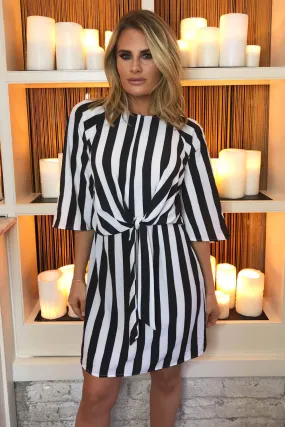 Black &amp; White Striped Tie Waist Dress