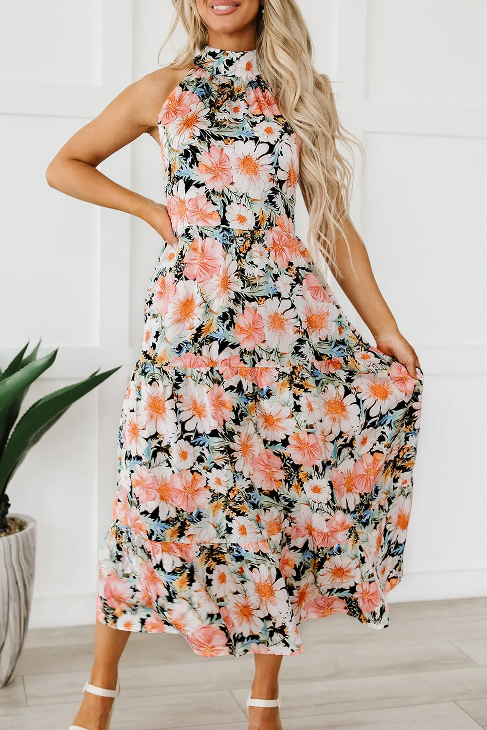 Black Boho Floral Print Knotted Halter Ruffled Maxi Dress