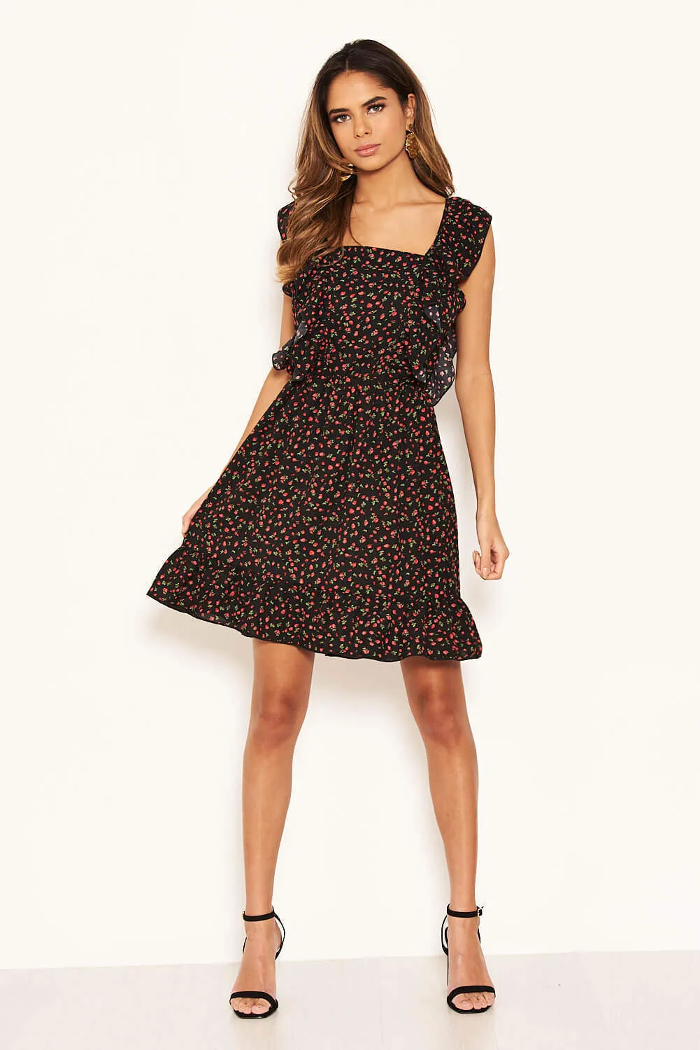 Black Ditsy Floral Square Neck Frill Dress