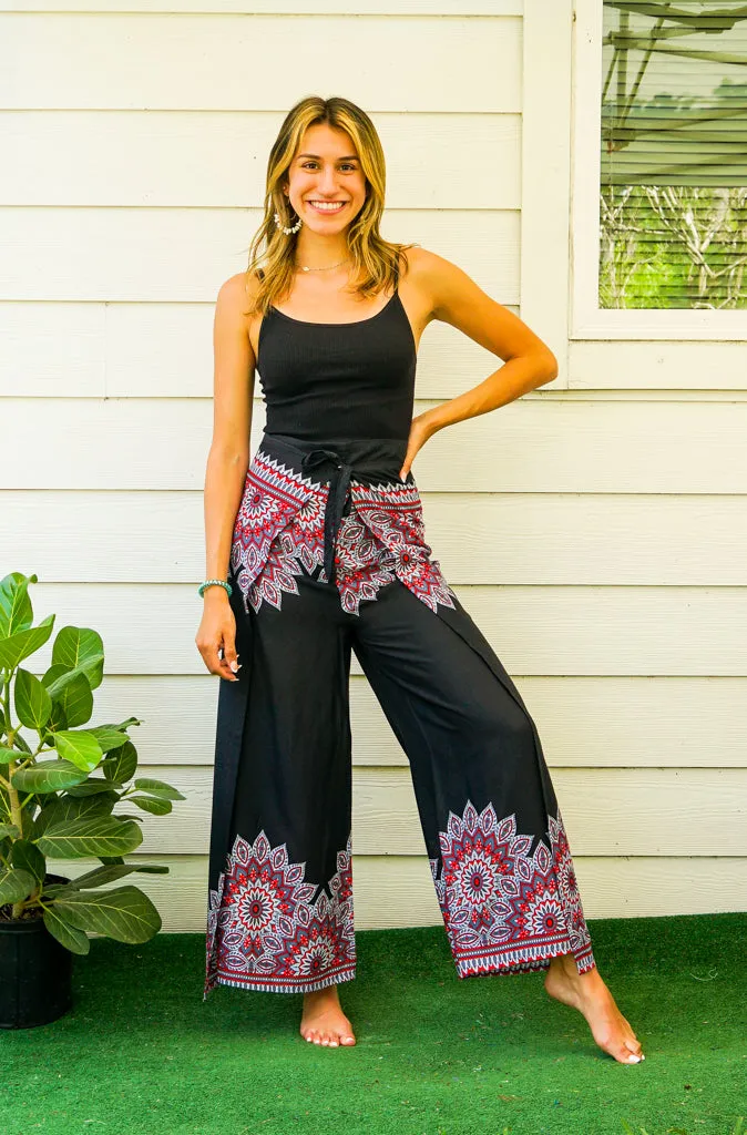 Black Floral Mandala Palazzo Wrap Pants