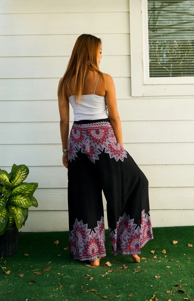 Black Floral Mandala Palazzo Wrap Pants