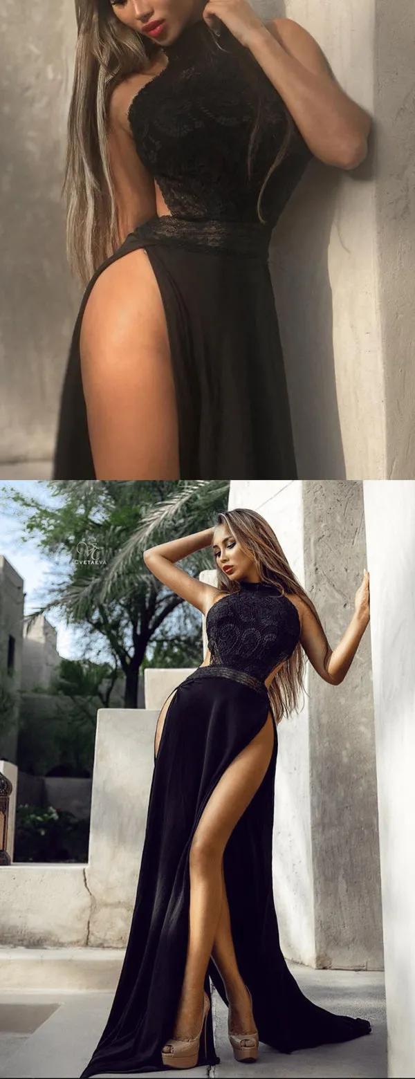 Black Halter Sexy Silt Backless Long Prom Dresses,PD00159