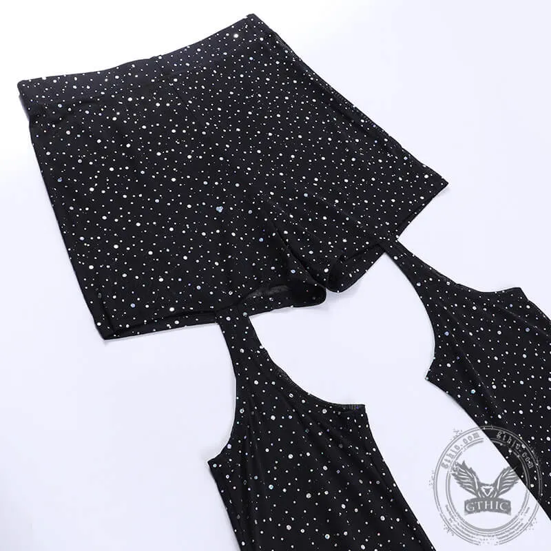 Black Mesh Rhinestone Hollow High-Waisted Flared Pants