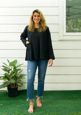 Black Natural Raw Cotton Gauze Long Sleeve Blouse with Pocket