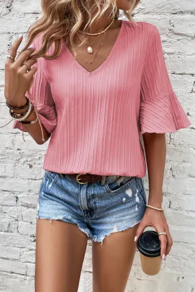 Blossom Ruffled Half Sleeve V Neck Textured Top