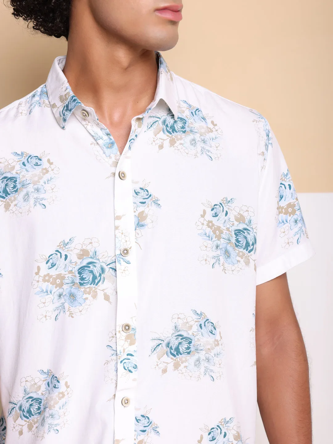 Blue Half Casual Printed Cotton Shirt Regular Fit For Man