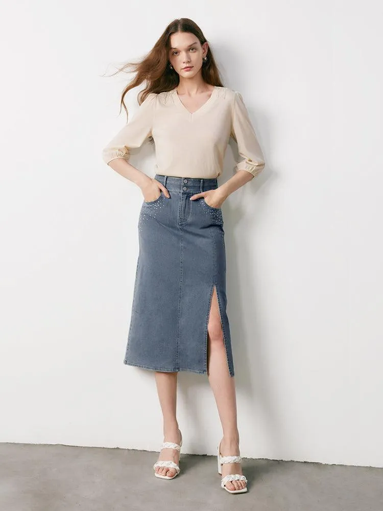 Blue High Waist Diamond Slit Jeans Skirt