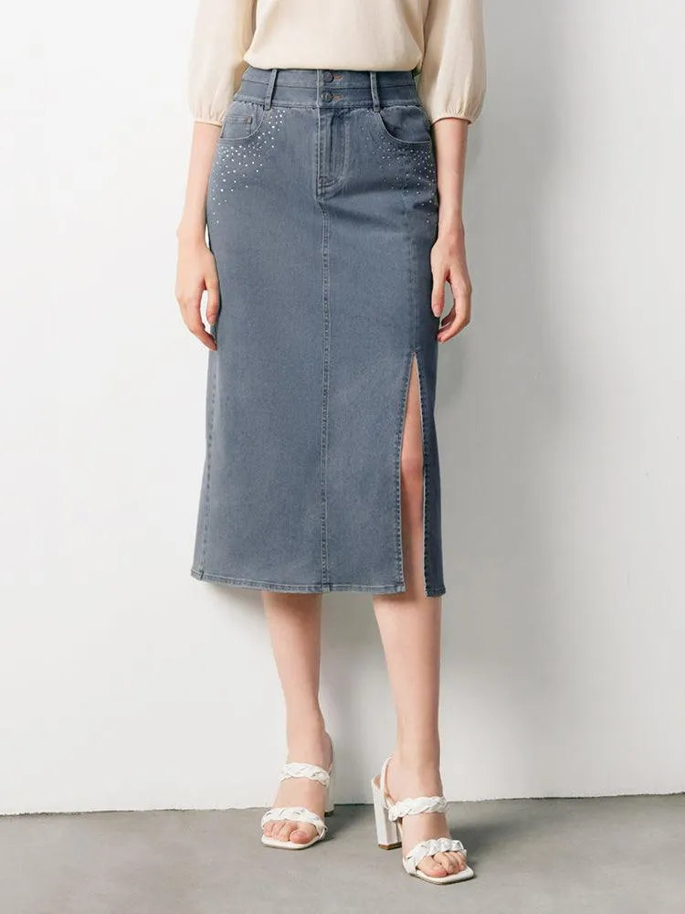 Blue High Waist Diamond Slit Jeans Skirt