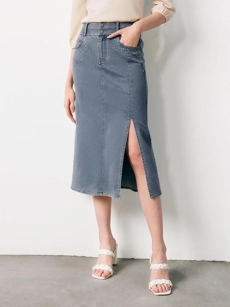 Blue High Waist Diamond Slit Jeans Skirt