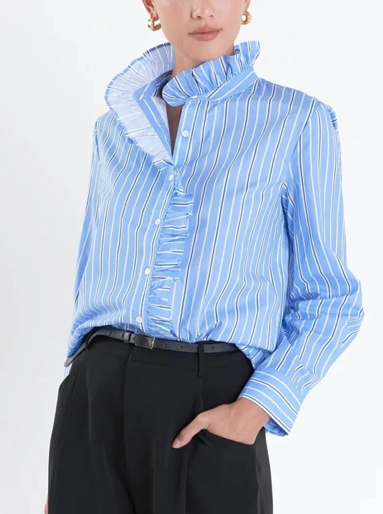 Blue Striped Ruffle Blouse