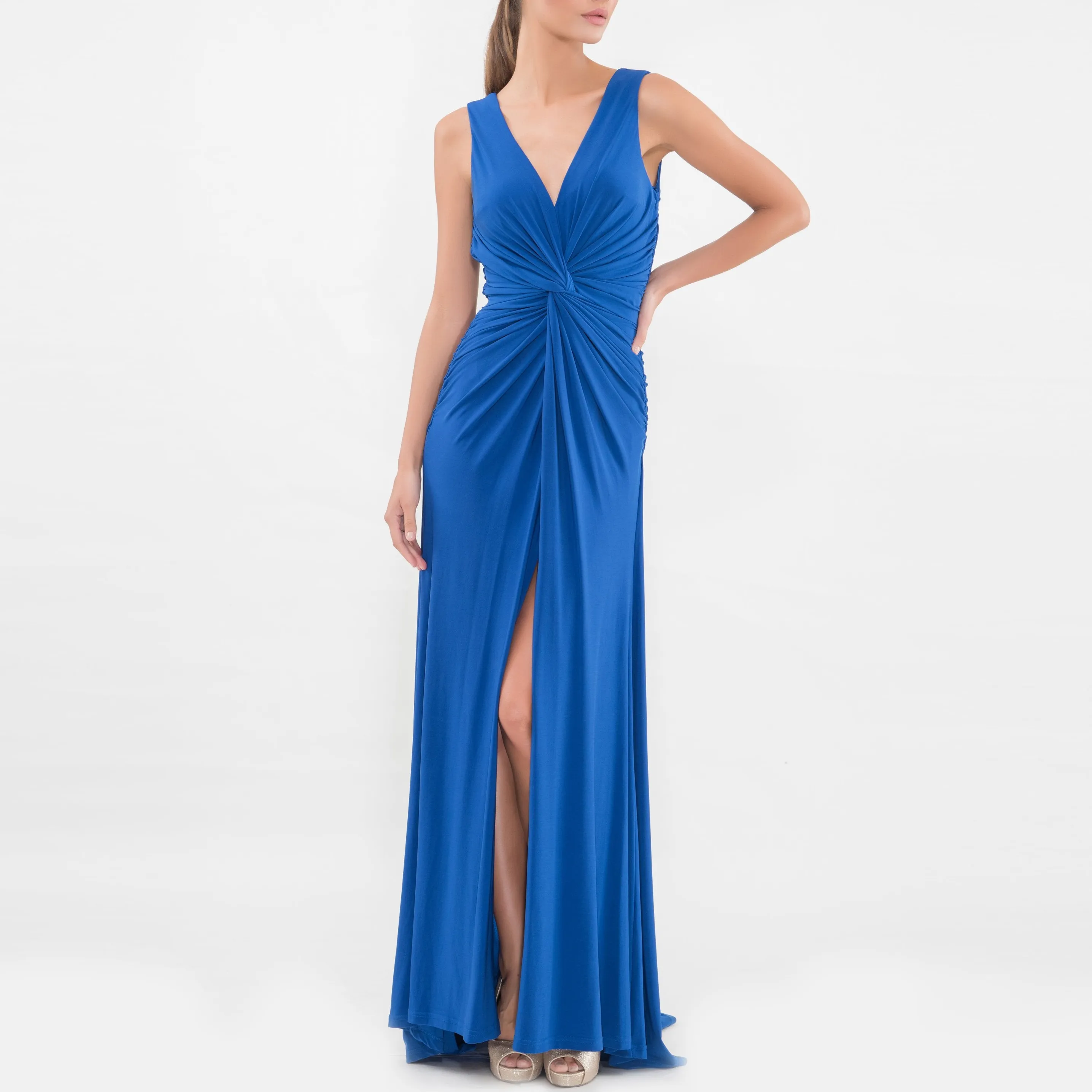 Blue Twist Front Sleeveless Gown