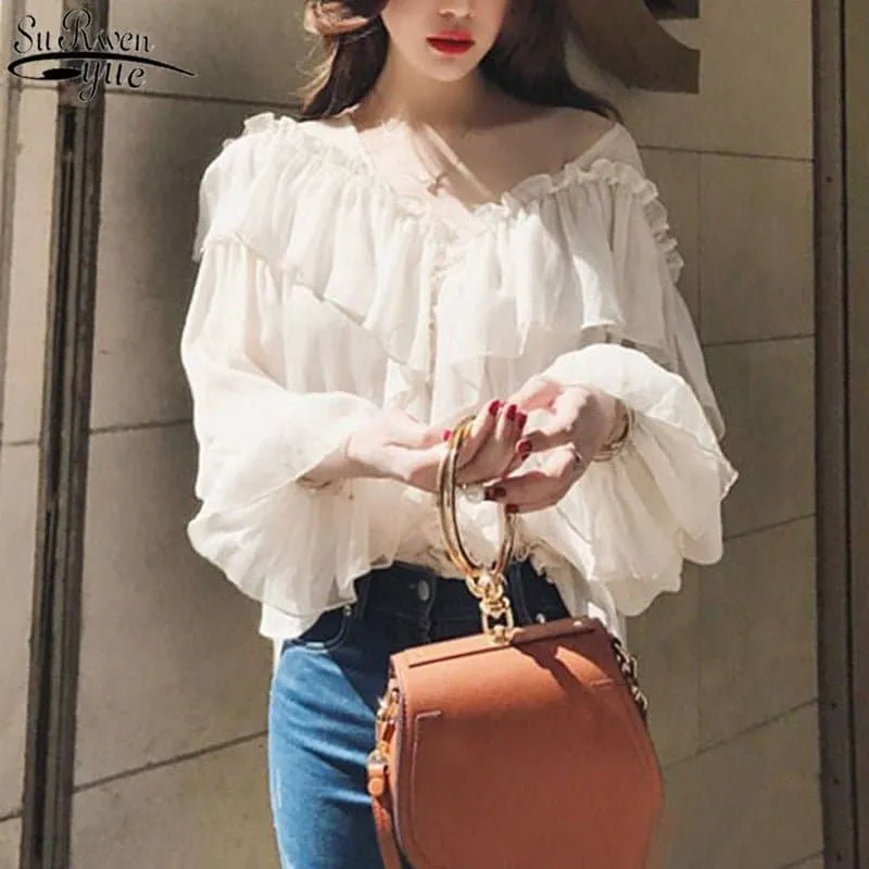 Boho Mesh Ruffle Blouse with V-Neck and Open-Shoulder Design