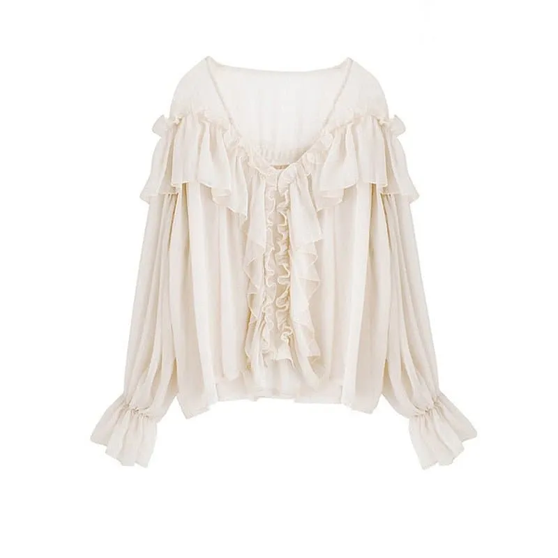 Boho Mesh Ruffle Blouse with V-Neck and Open-Shoulder Design