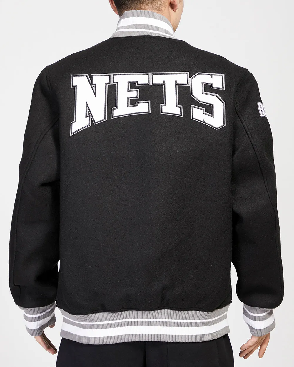 BROOKLYN NETS CREST EMBLEM RIB WOOL VARSITY JACKET (BLACK)