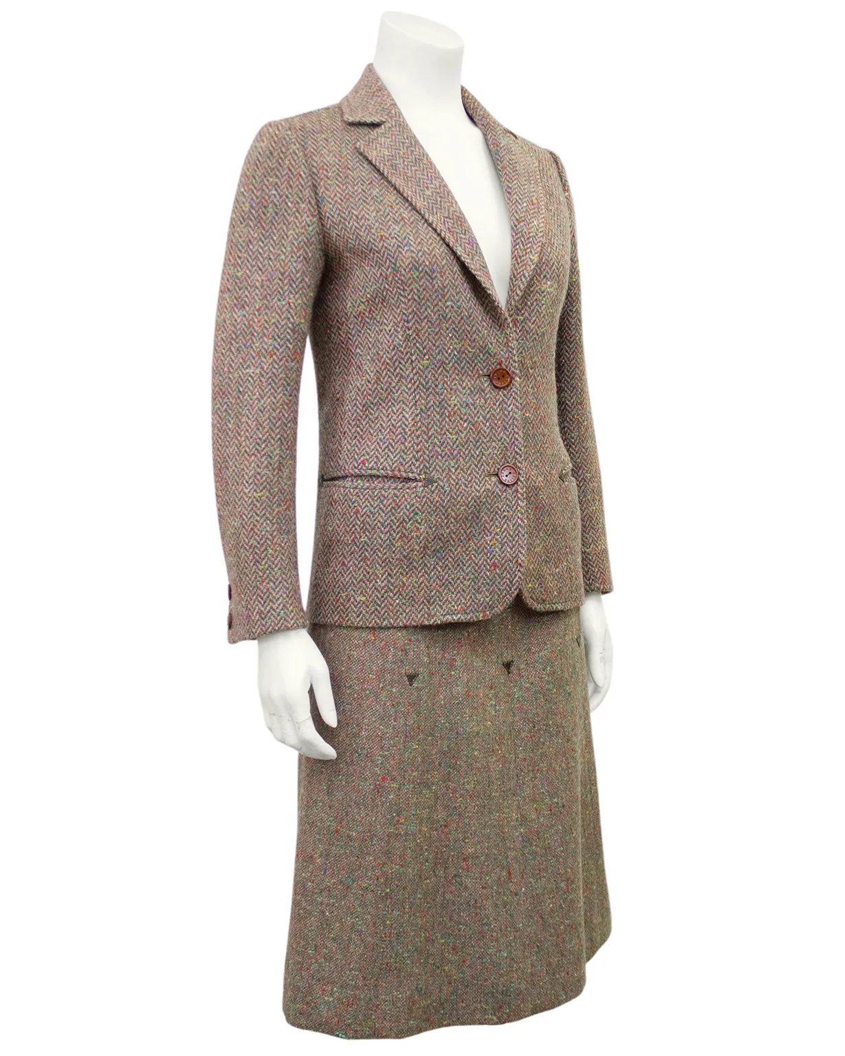 Brown Herringbone Wool Skirt Suit