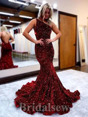 Burgundy Royal Blue Black Sequin Glitter Long Mermaid Sparkly One Shoulder Evening Prom Dresses PD930