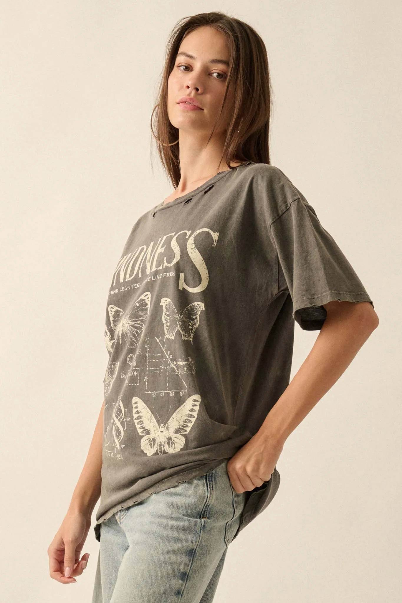 Butterfly Kindness Distressed Oversize Graphic Tee