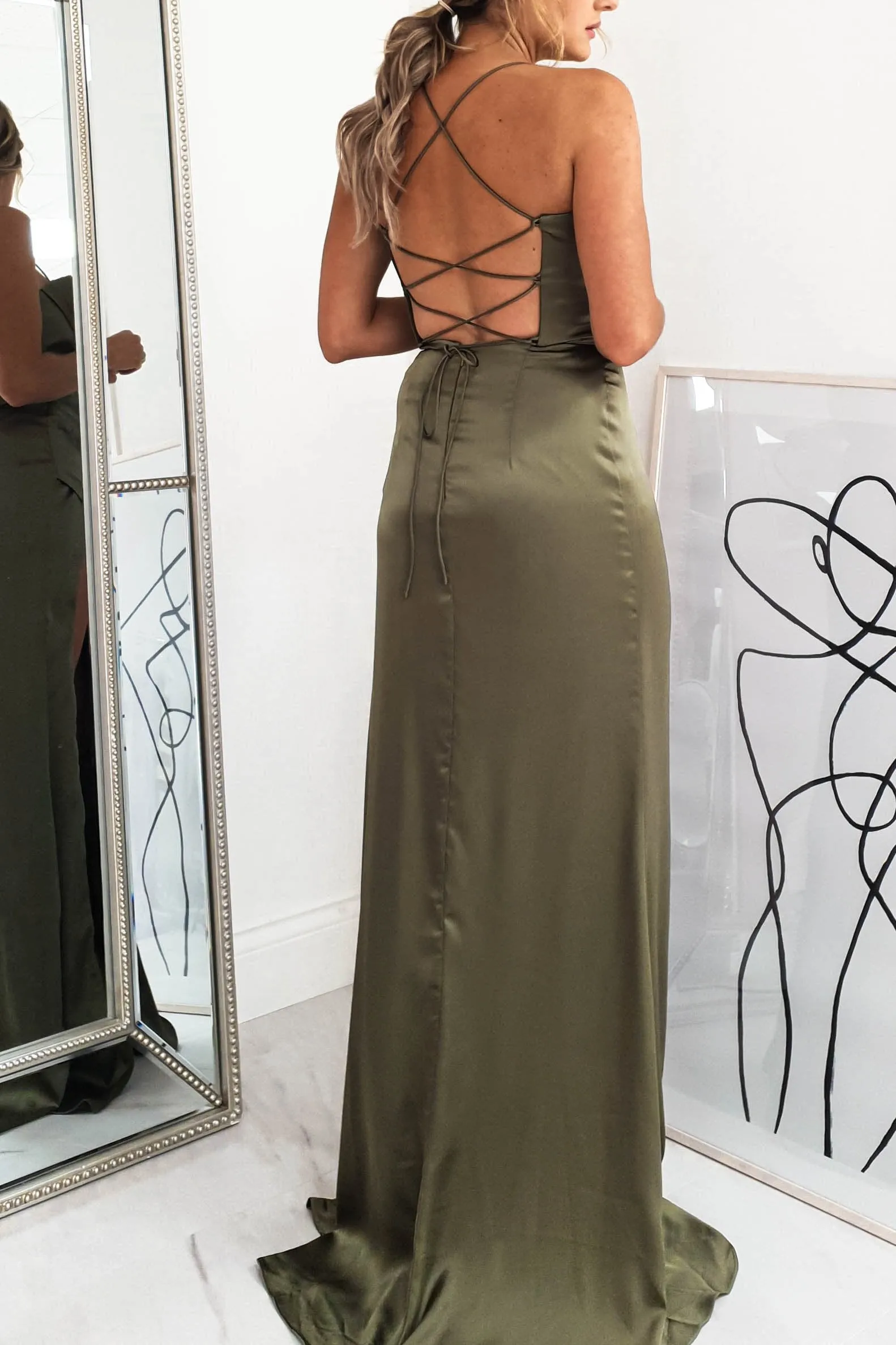 Cally High Slit Corset Gown | Olive