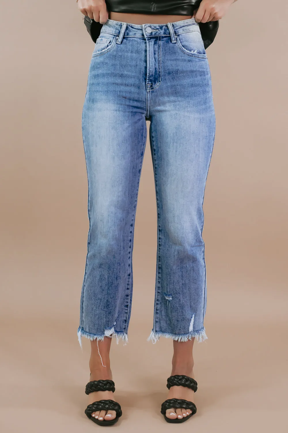 Casey Cropped High Waisted Straight Leg Jeans, Light Wash RISEN