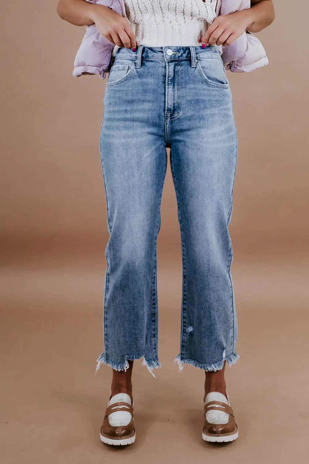 Casey Cropped High Waisted Straight Leg Jeans, Light Wash RISEN