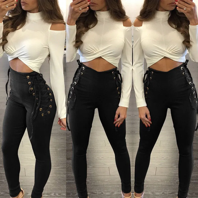 Casual Lace Up Stretch High Waist Pants