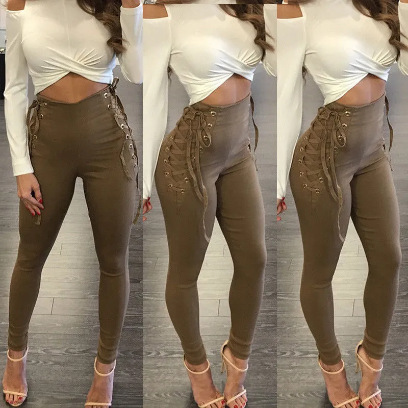 Casual Lace Up Stretch High Waist Pants