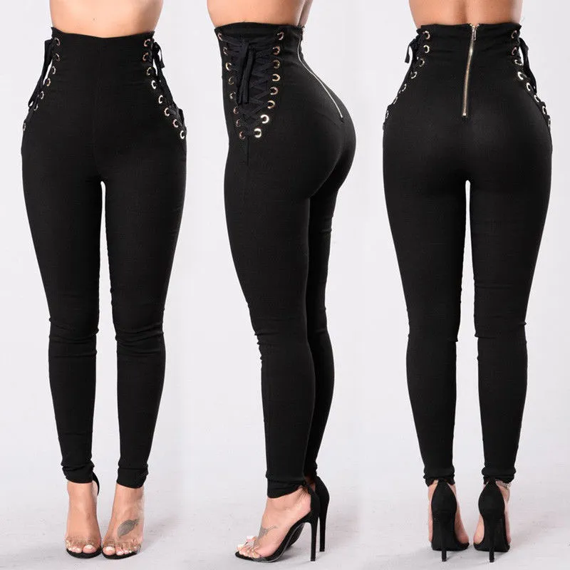 Casual Lace Up Stretch High Waist Pants