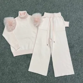 Childrens Baby Pink Luxury Fur Roll Neck Wide Leg Tracksuit