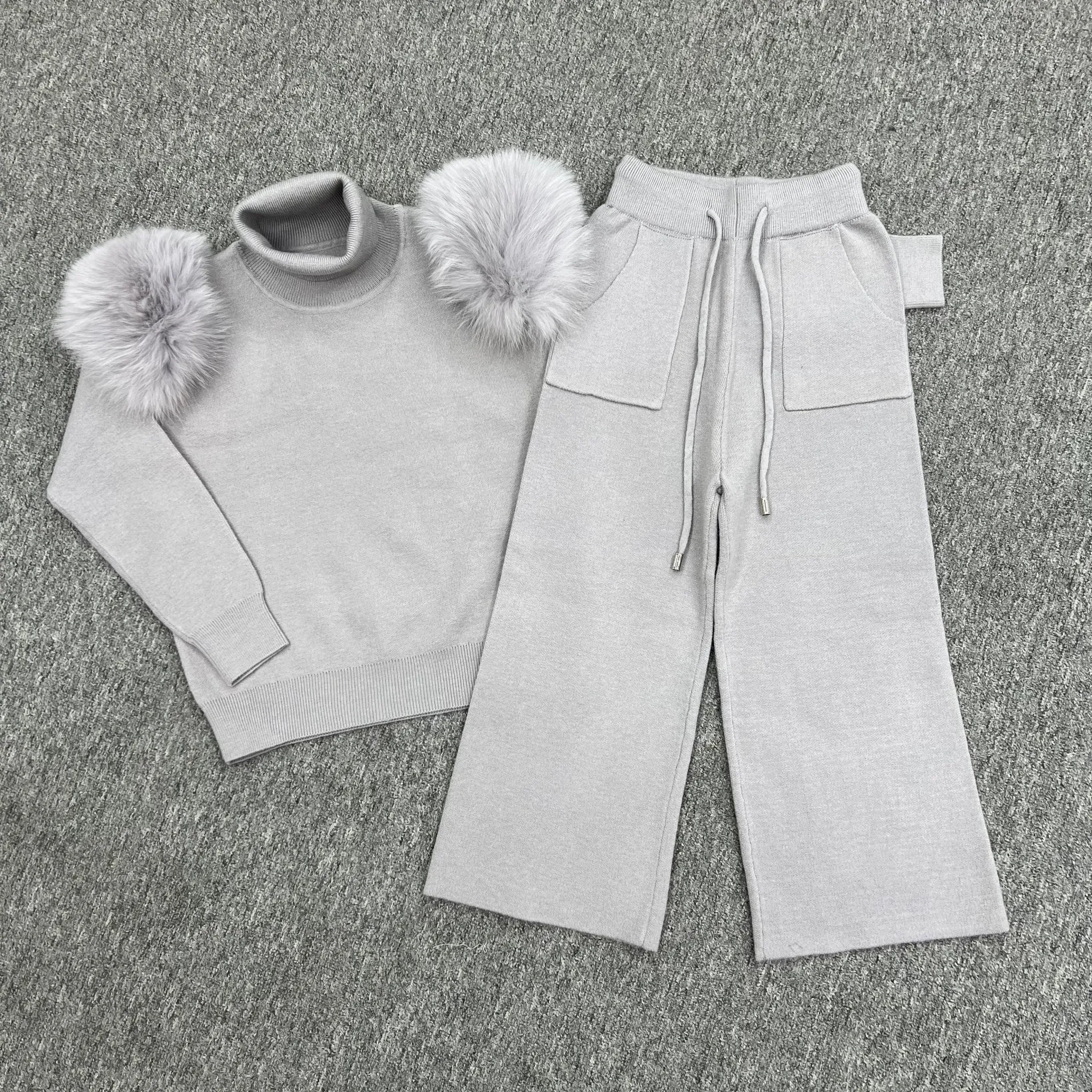 Childrens Light Grey Luxury Fur Roll Neck Wide Leg Tracksuit