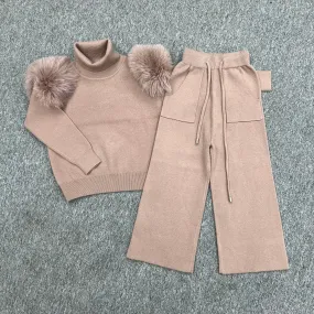 Childrens Taupe Luxury Fur Roll Neck Wide Leg Tracksuit