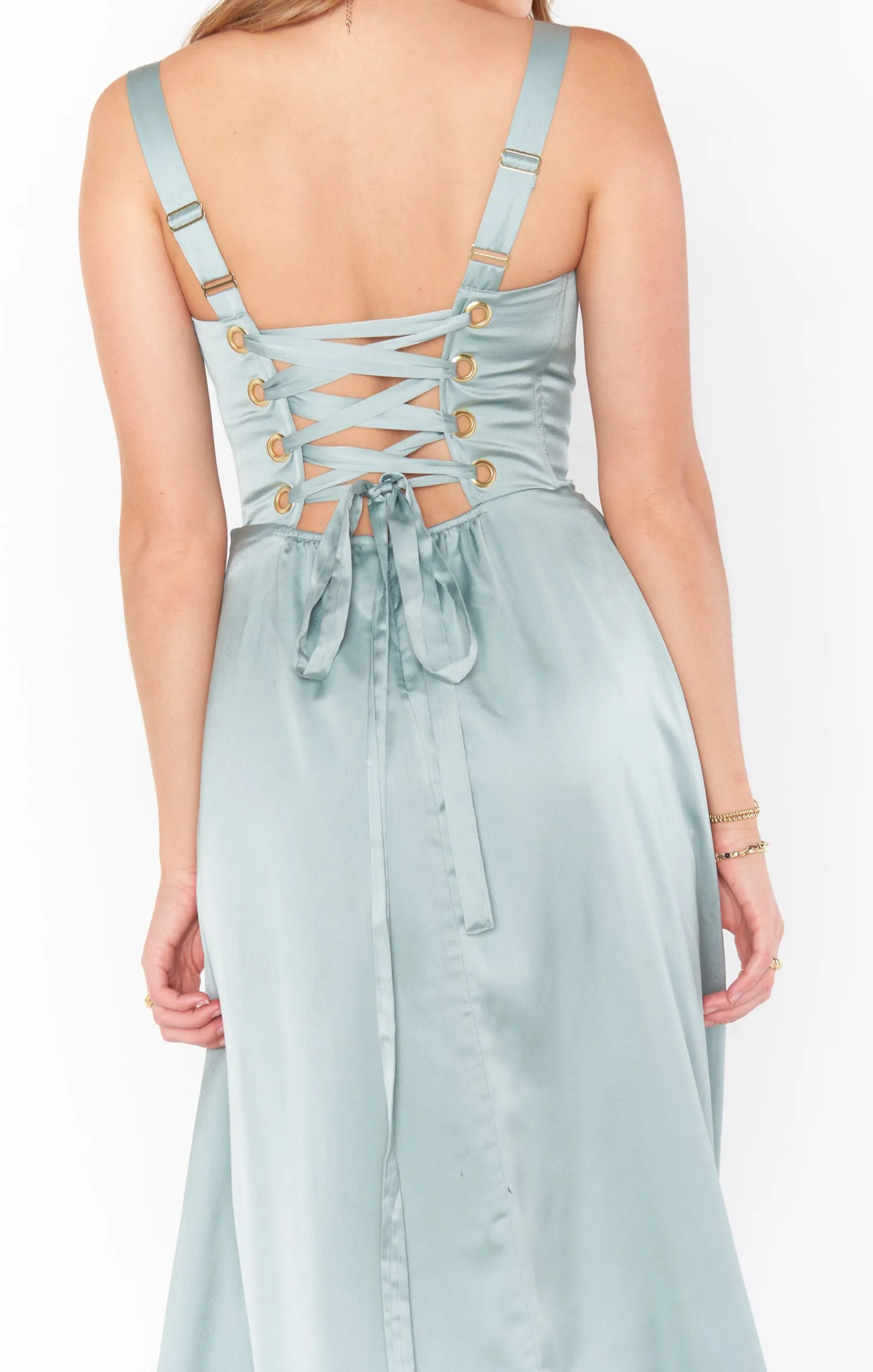 Clarissa Corset Dress ~ Silver Sage Luxe Satin