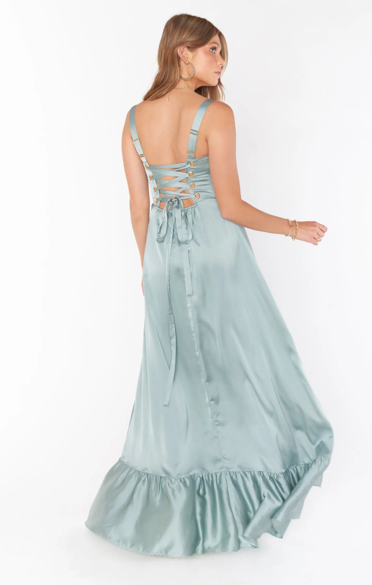 Clarissa Corset Dress ~ Silver Sage Luxe Satin