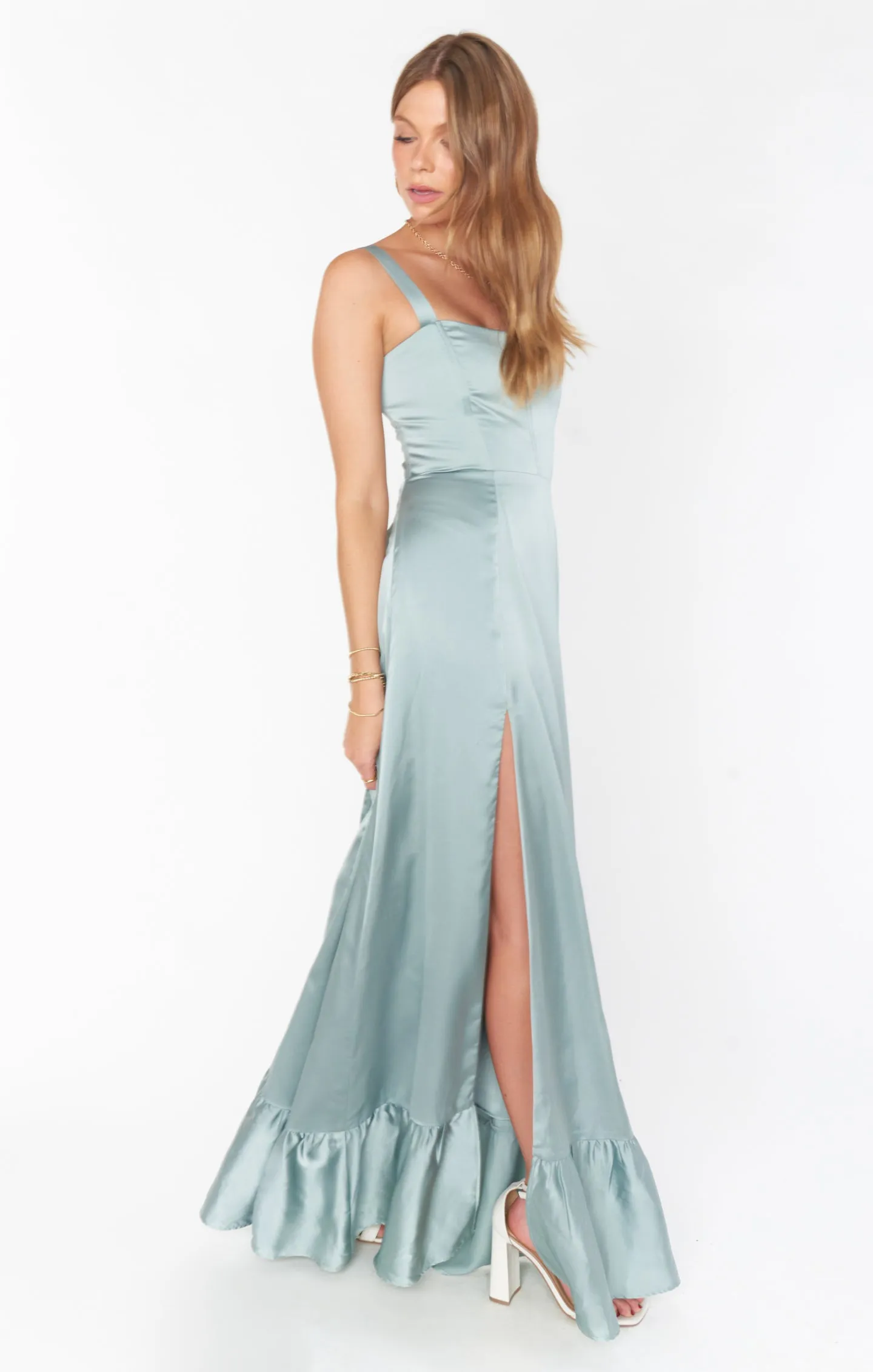 Clarissa Corset Dress ~ Silver Sage Luxe Satin