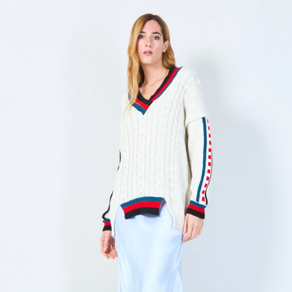 Classic cable knit sweater with striped V-neck wholesale