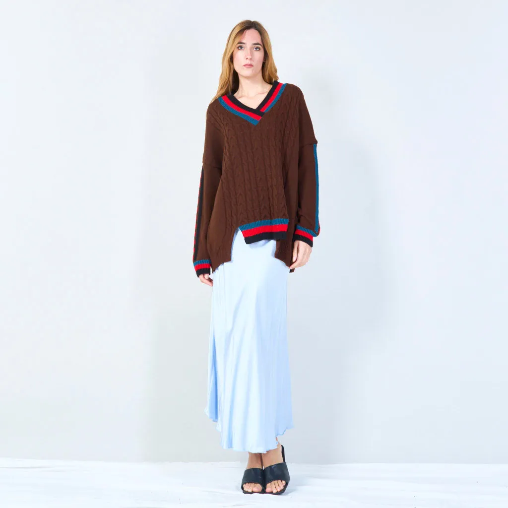 Classic cable knit sweater with striped V-neck wholesale