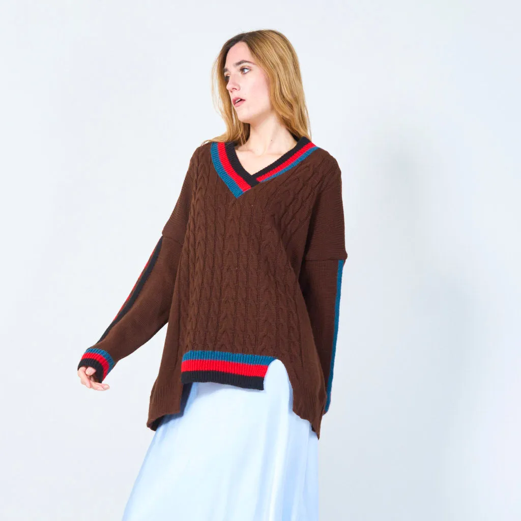 Classic cable knit sweater with striped V-neck wholesale