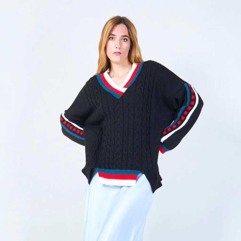 Classic cable knit sweater with striped V-neck wholesale