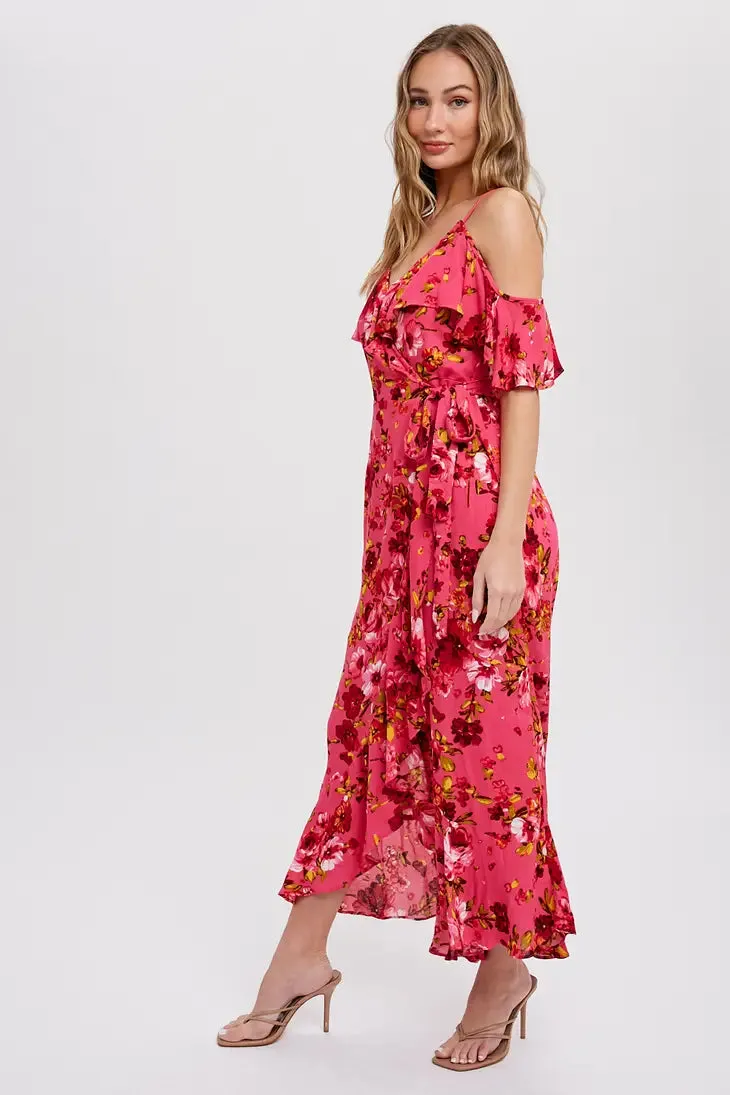 Cold Shoulder Ruffled Wrap Dress