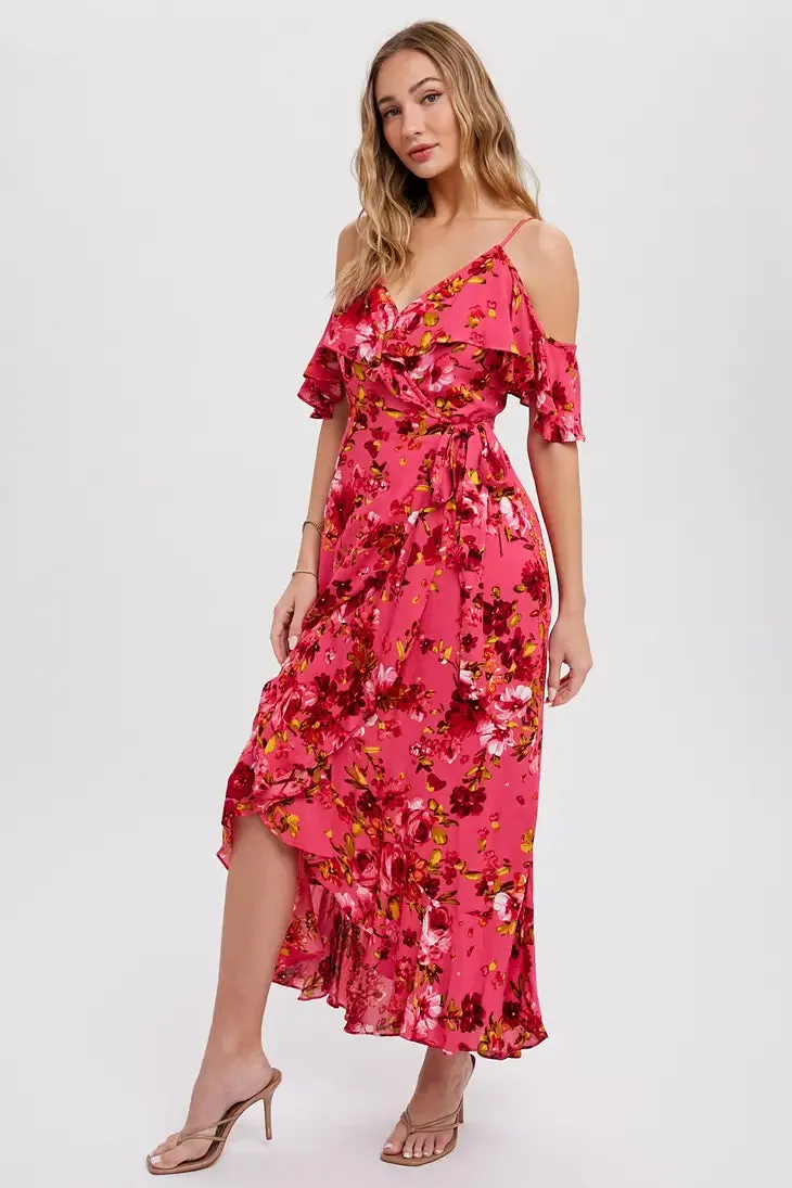 Cold Shoulder Ruffled Wrap Dress