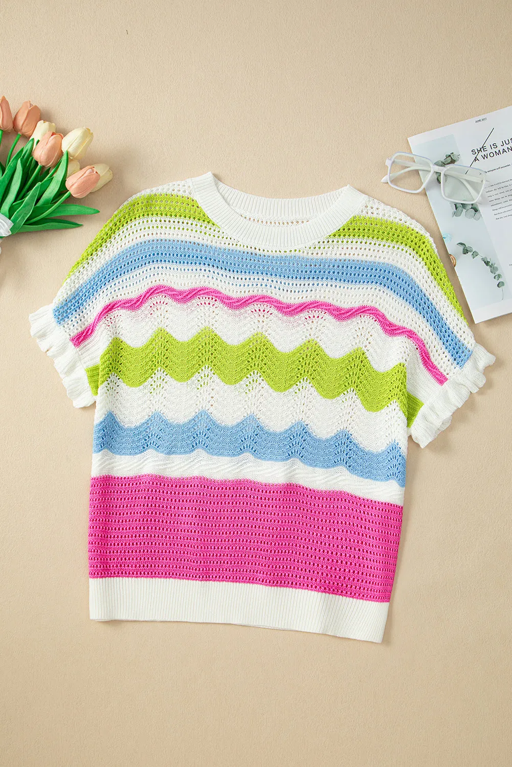 Colorblock Crochet Knit Ruffled Short Sleeve Sweater Top