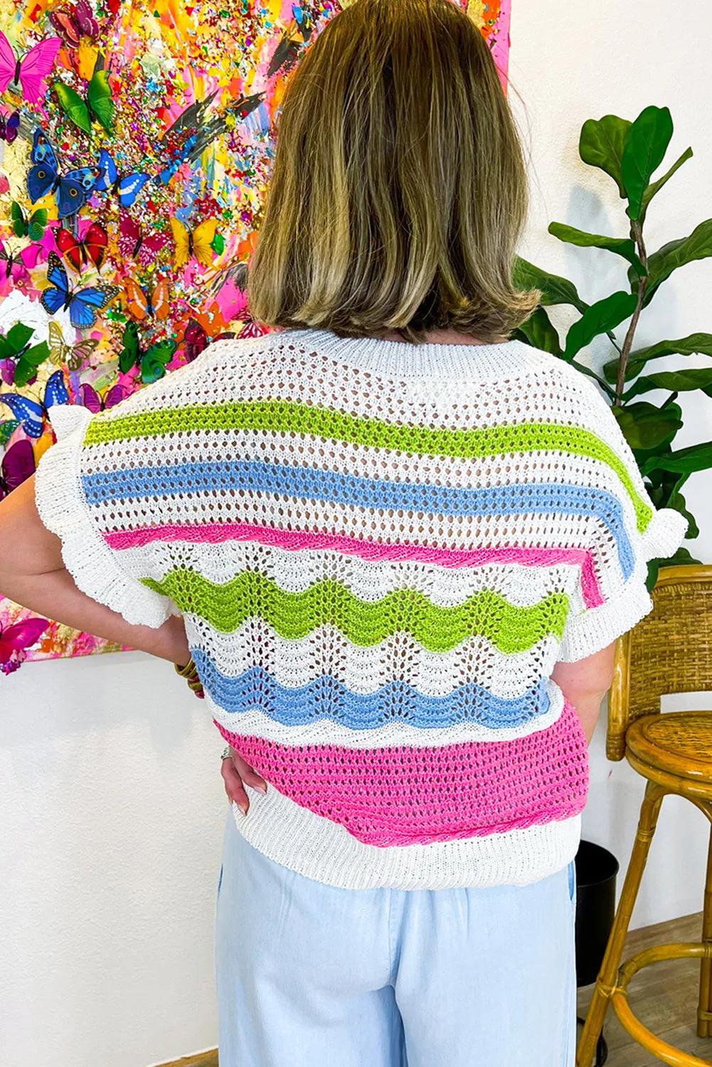 Colorblock Crochet Knit Ruffled Short Sleeve Sweater Top