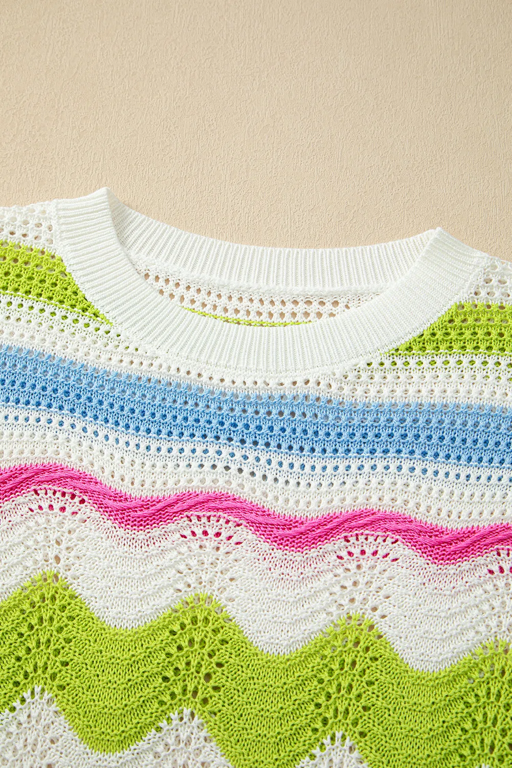 Colorblock Crochet Knit Ruffled Short Sleeve Sweater Top