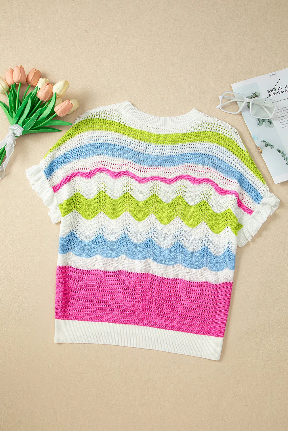 Colorblock Crochet Knit Ruffled Short Sleeve Sweater Top