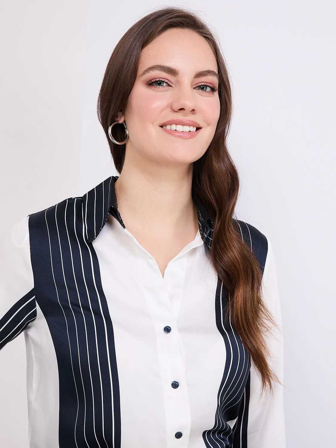 Colour Block Striped Satin Button-Front Blouse