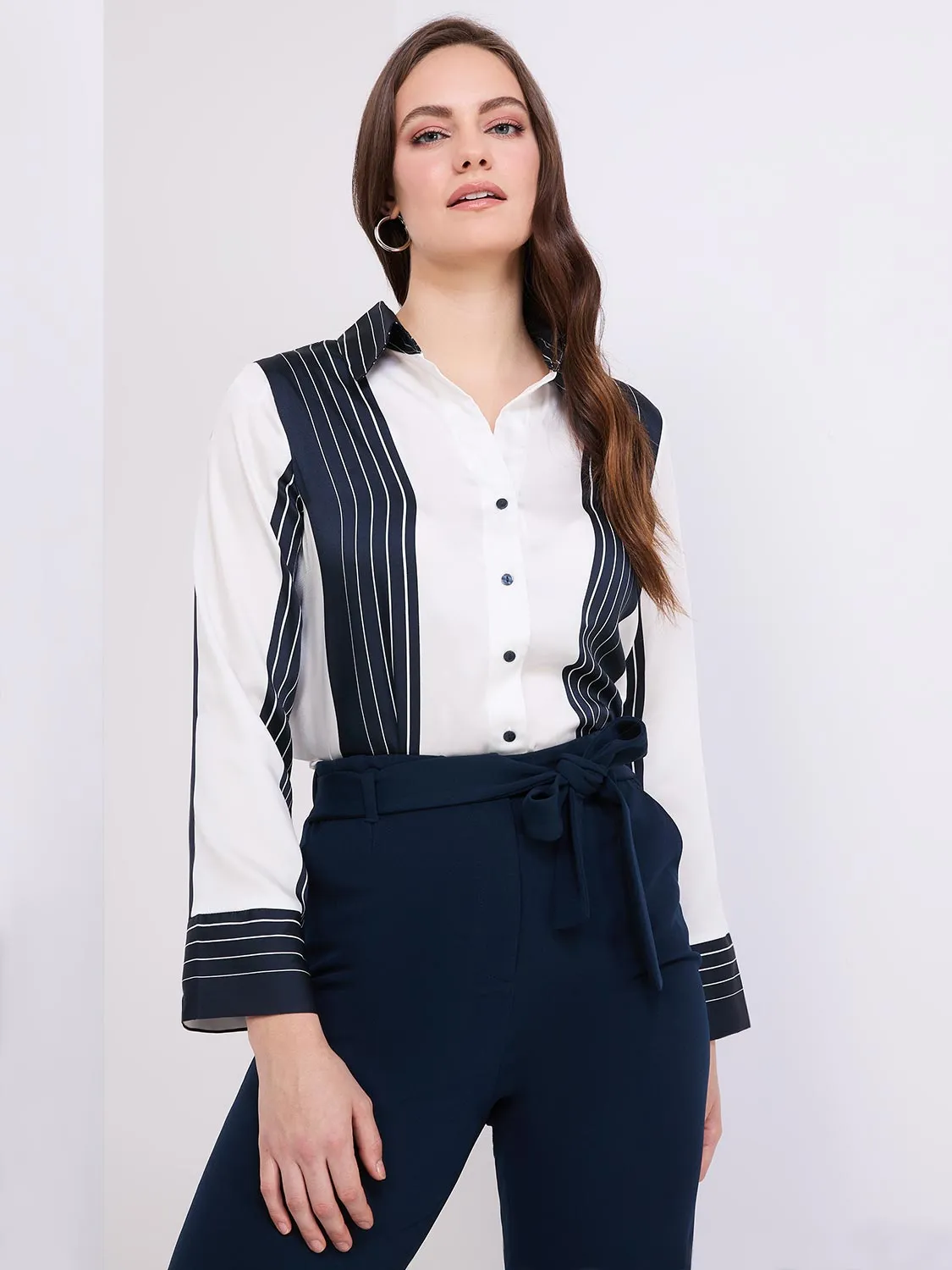 Colour Block Striped Satin Button-Front Blouse