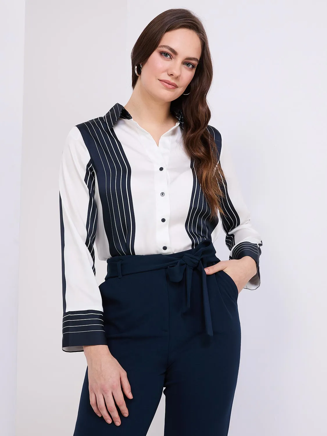 Colour Block Striped Satin Button-Front Blouse