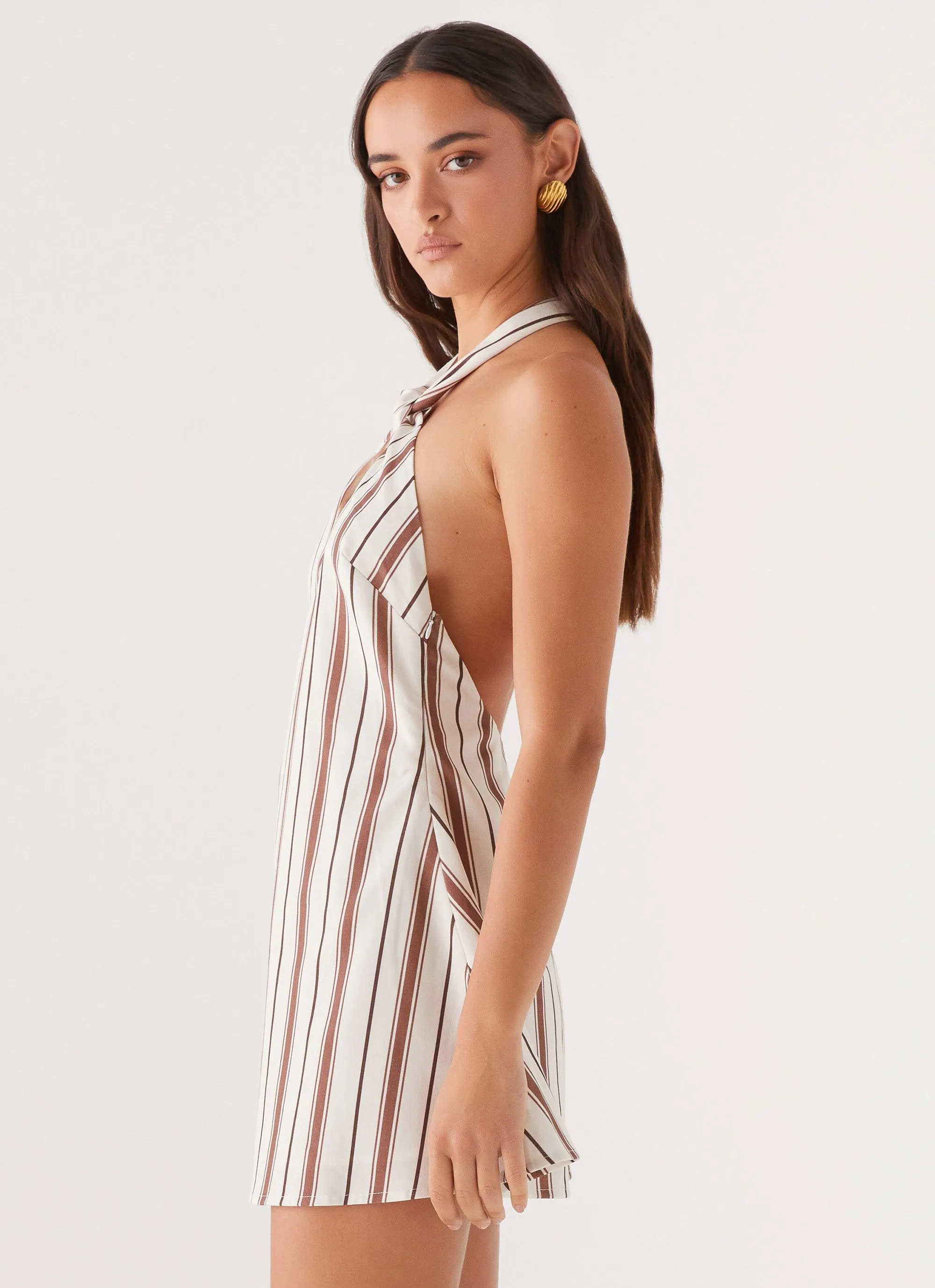 Counting Stars Linen Halterneck Dress - Brown Stripe