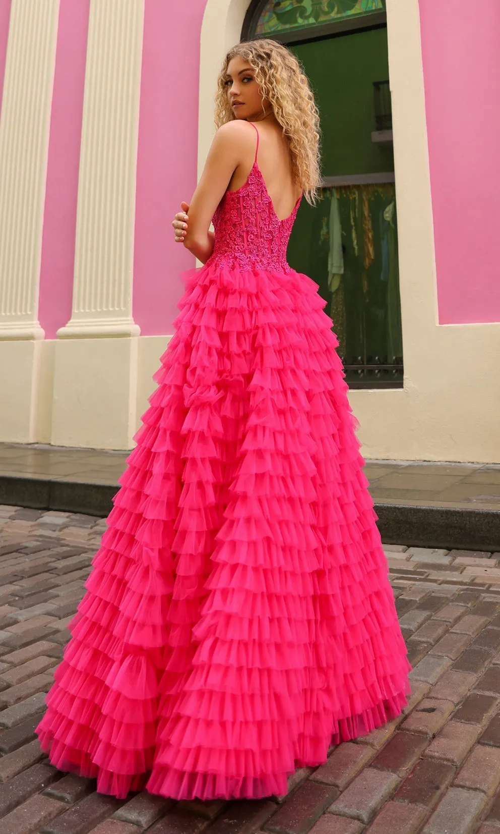 DANAE Tiered Ruffled Slit Ball Gown School Formal & Prom Dress