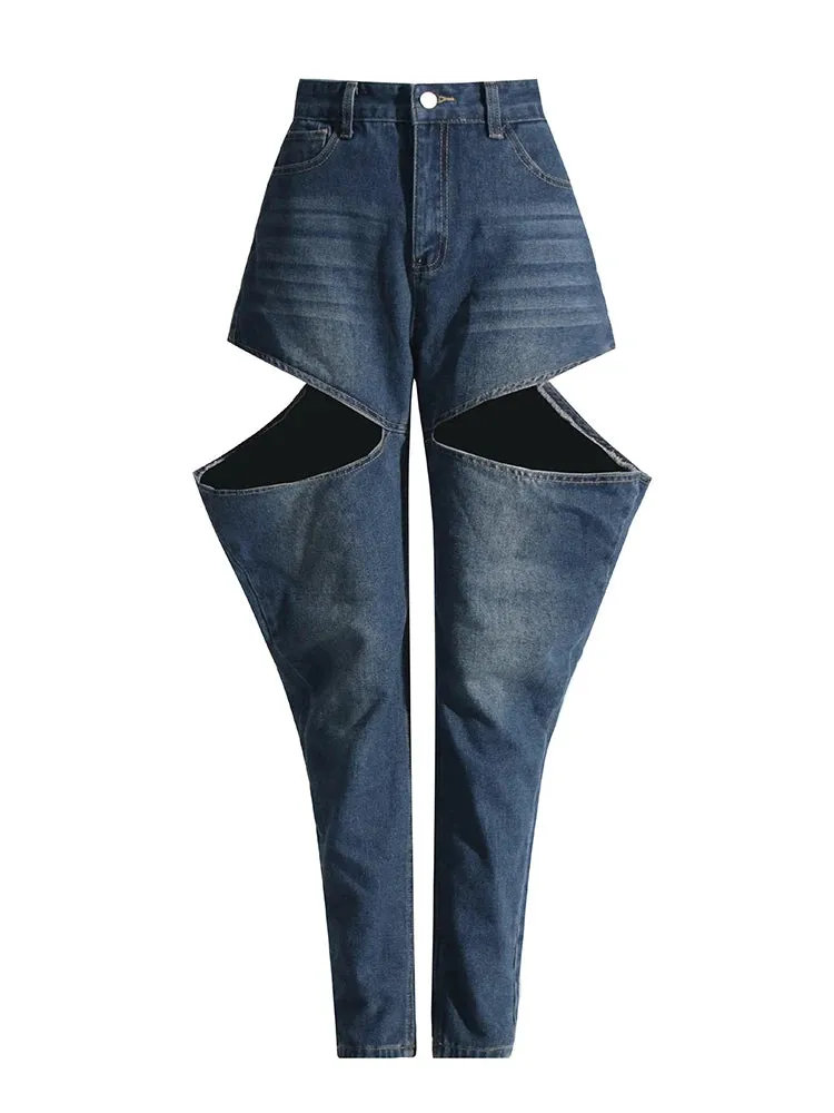 Dark Blue Loose Hollow Out Denim Pants